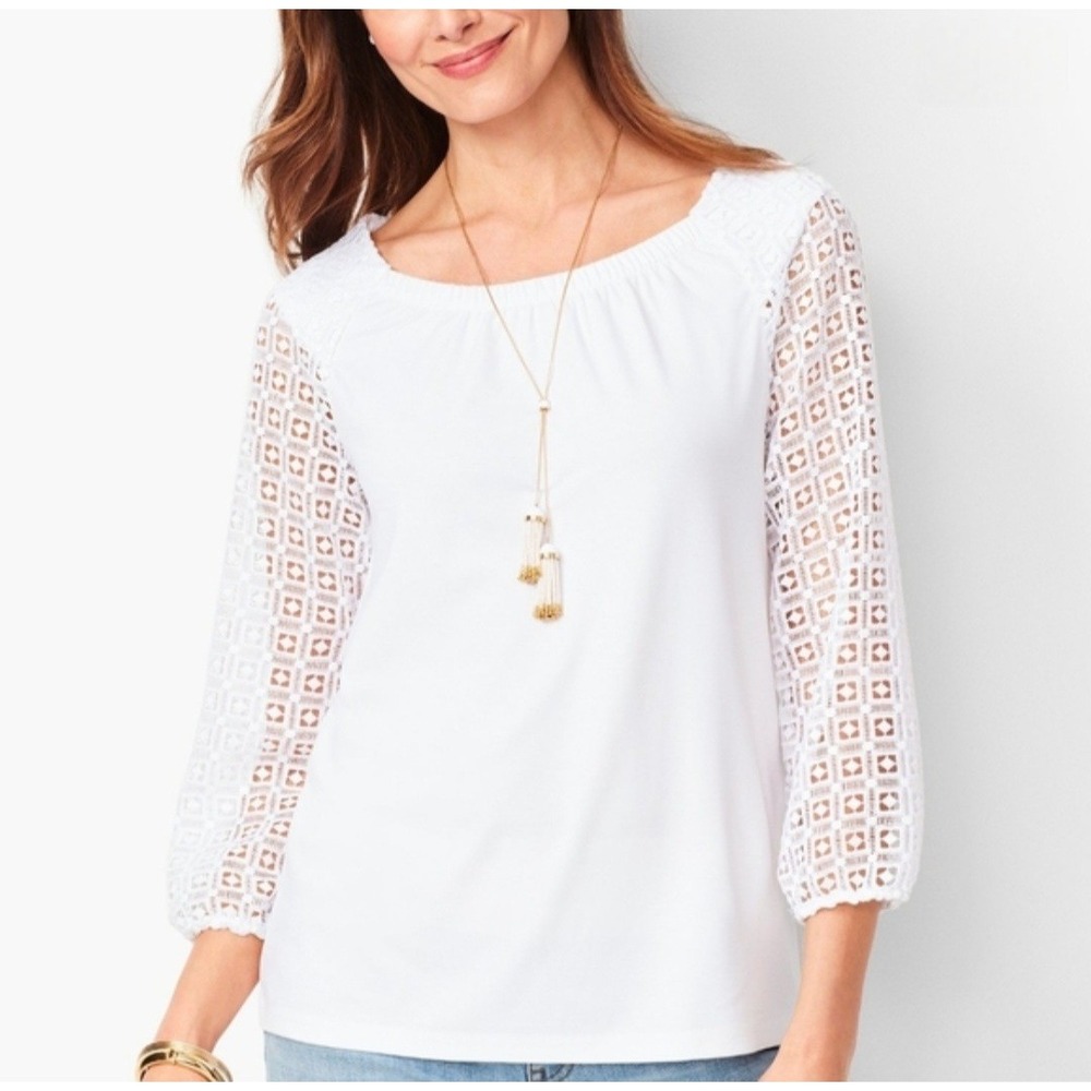 Talbots White Crochet Lace Sleeve Knit Top 3/4 Sleeve‎ Scoop Neck Size M ID2726